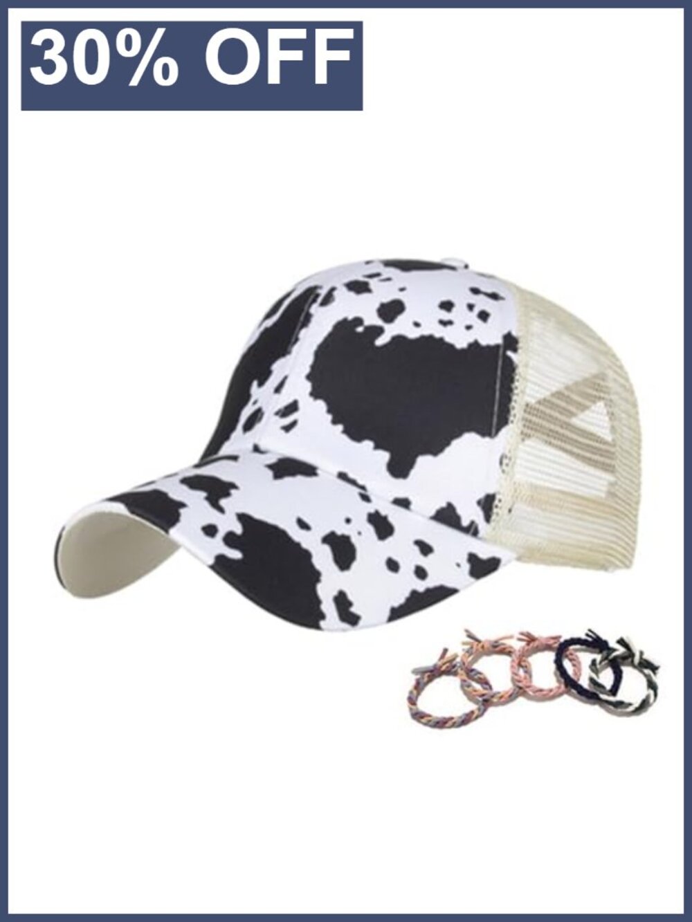 Unisex Adjustable Ponytail Baseball Cap Breathable Mesh Cotton Cow Print